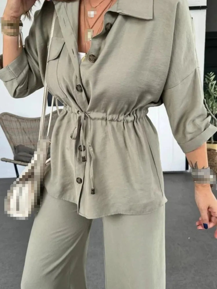 New Fashion Women's Long Sleeve Suit Casual Baggy Drawstring Shirt And Pants Female Two Piece Set.  S-3X