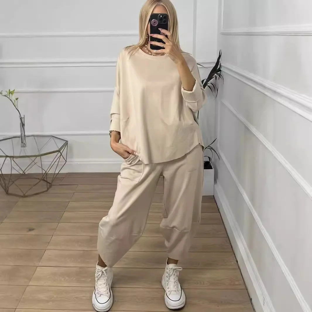 Solid Pullover Two Piece Set O Neck Top, Long Pants Tracksuit Retro Loose Sport Suit.  S-3X
