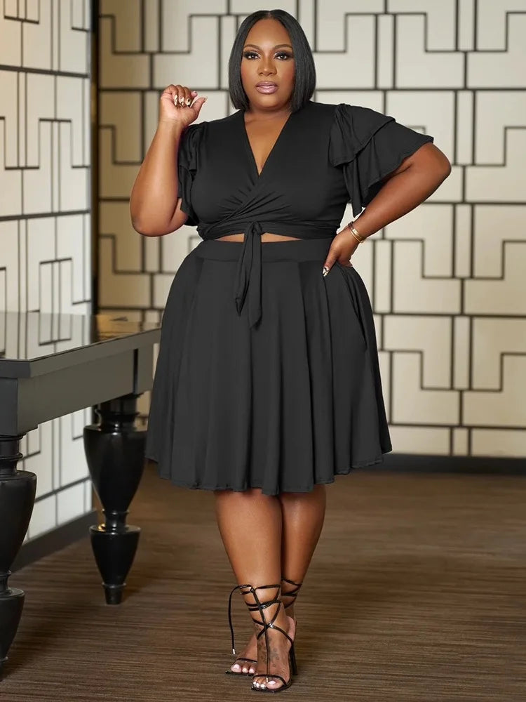 2 Two Piece Women V Neck Mini Skirt Set With Pockets Matching Outfit.