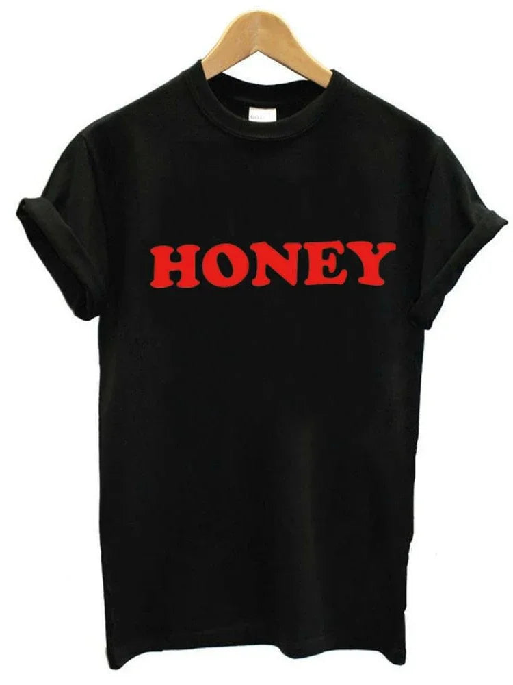 Honey Red Letter Print T Shirt Women Short Sleeve O Neck Loose Fit Ladies Tee . S-3x