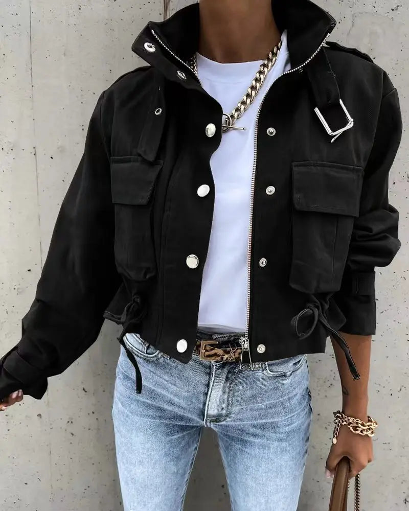 Woman Jacket Elegant Slim Pocket Button Design Long Sleeve.  S-2x
