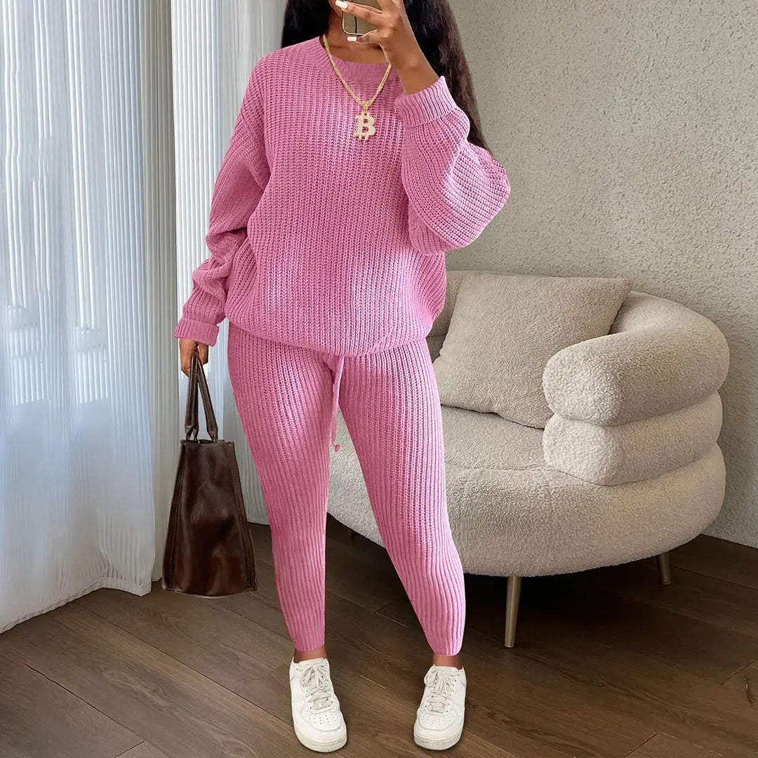 Two Piece Women Autumn Fashion Casual Solid Round Neck Pullover Loose Pit Knitted Sweater Pants Suit.  S-3XL