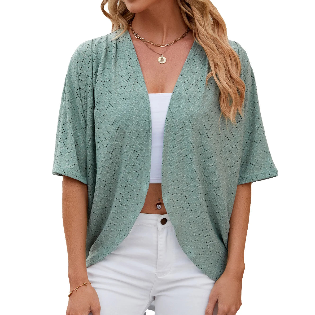 New spring Summer Fashion Ladies Hollow Out Cardigan solid color short-sleeved casual loose top Women Outwear.  S-2X