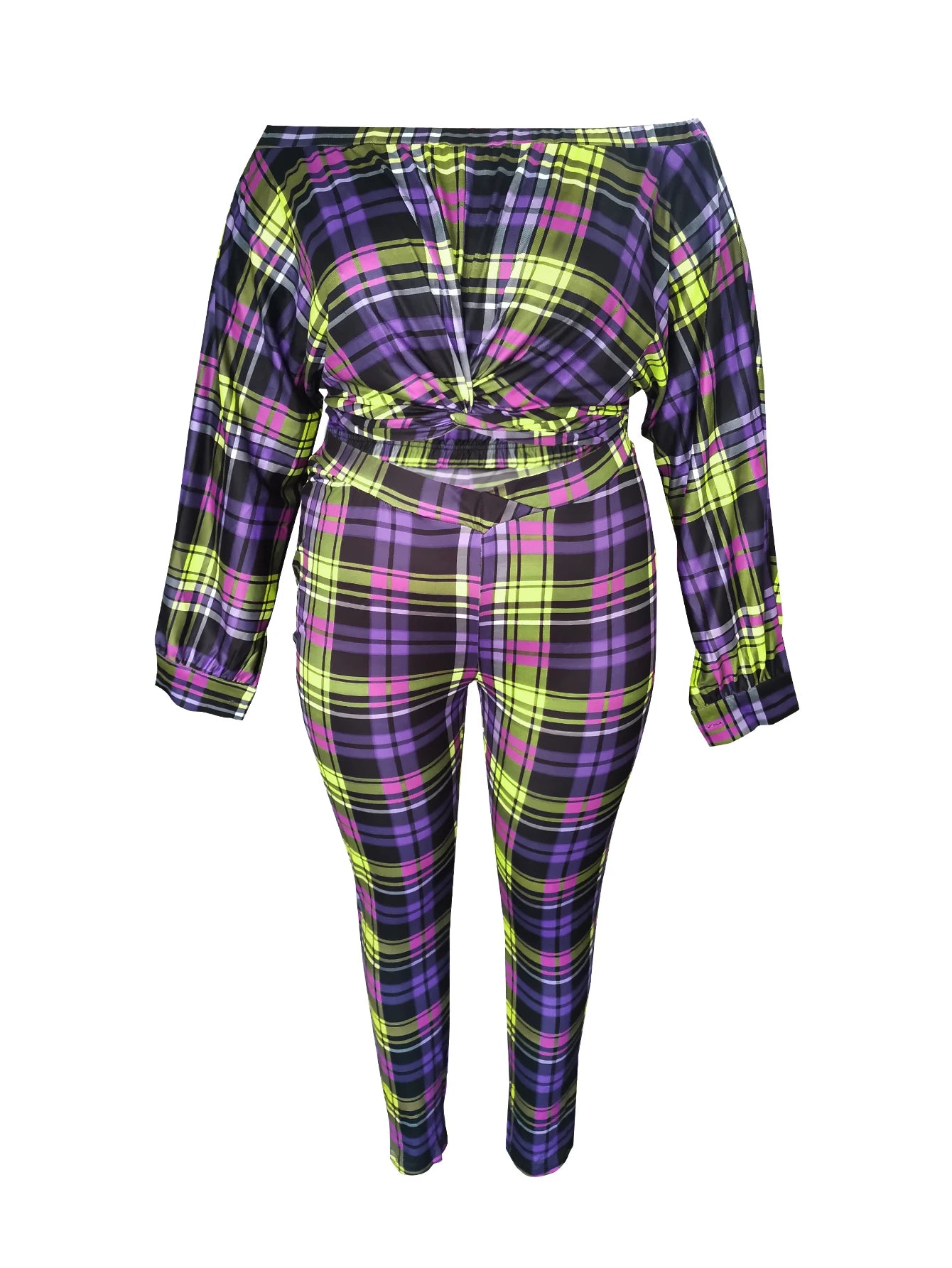 Plus Size Trendy Dew Shoulder Grid Print Purple Two-piece Pants Set Neck Bubble Sleeve Top