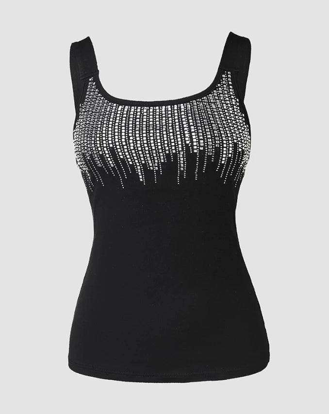 Ladies 2025 Summer Fashion Rhinestone Decor Round Neck Sleeveless Casual Plain Skinny Daily Tank Top.