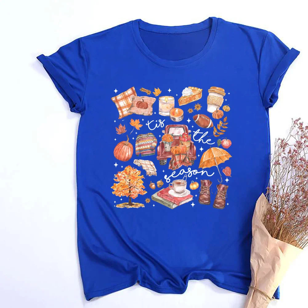 Women's Fall Shirt Pumpkin Season Short Sleeves Fashion Fall Harvest  Tshirt .  S-2X