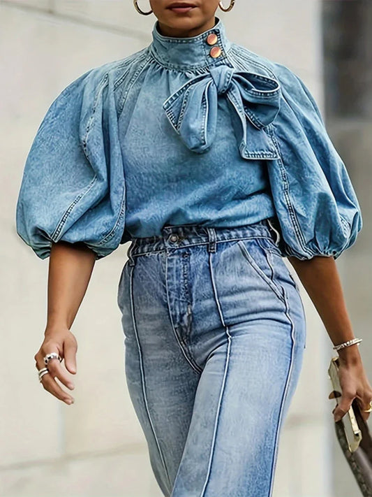 Women Denim Turtleneck Splice Puff Sleeve Loose Irregular Top Solid Pullover Casual Street-wear Shirt.  S-XXL