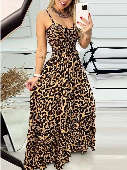 Women's Fashion Leopard Print Sexy Long Sling Summer Dress.   S-3X