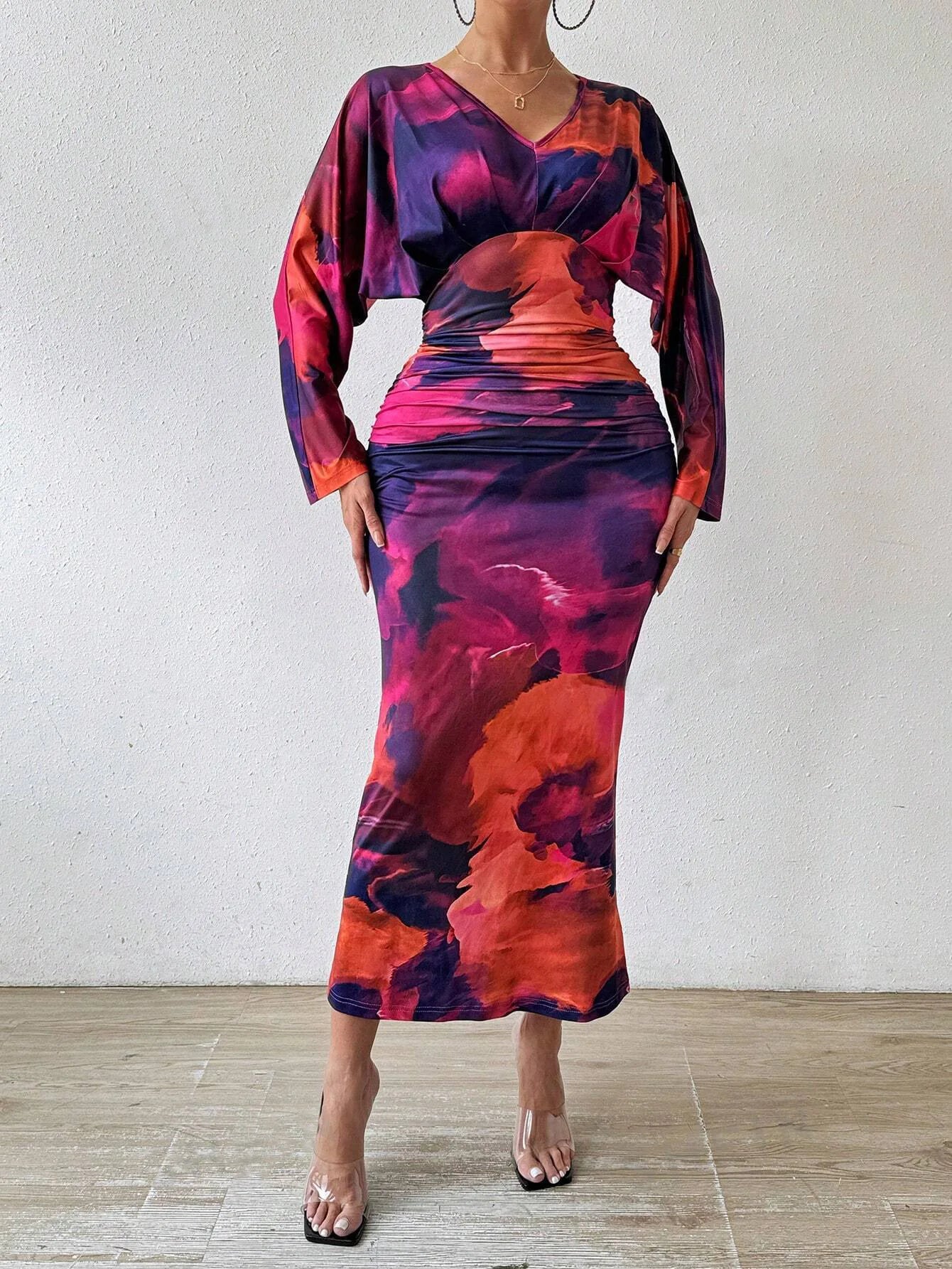 New V-neck pleated ladies sexy slim European style trendy long dress.  S-XL