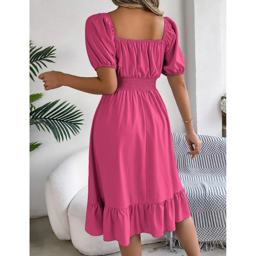 Women's Summer Casual Square Neck Short Sleeved Ruffle Edge Dress