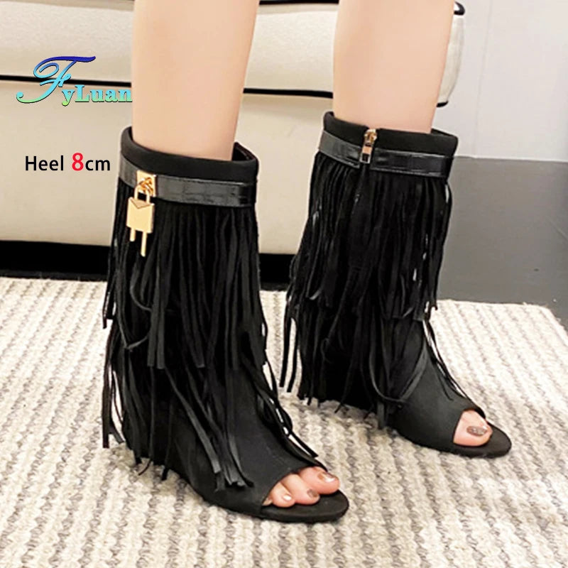 Retro Style Suede Short Boots Woman Peep Toe Tassel Shoe/ Boots 8CM Wedge