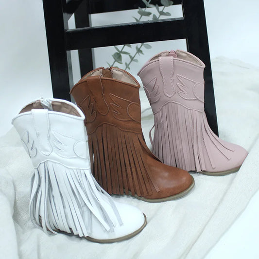 Kids Vintage Western Cowgirls Boots Leather Tassel Princess Low Heeled Knee Boots Cowboys Winter Dress Shoes New Years Christmas