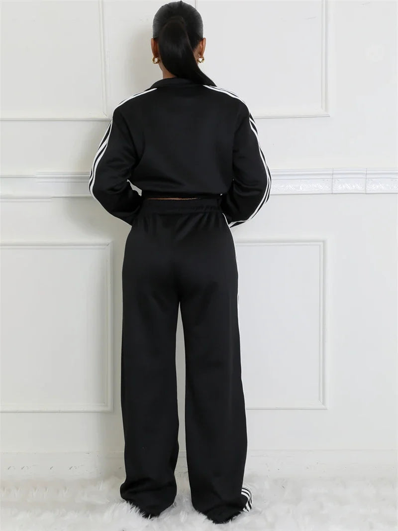 Streetwear 2 Piece Sets Women Outfit Side Striped Crop jacket and Pant Set Casual Sweatsuit.  S-2X