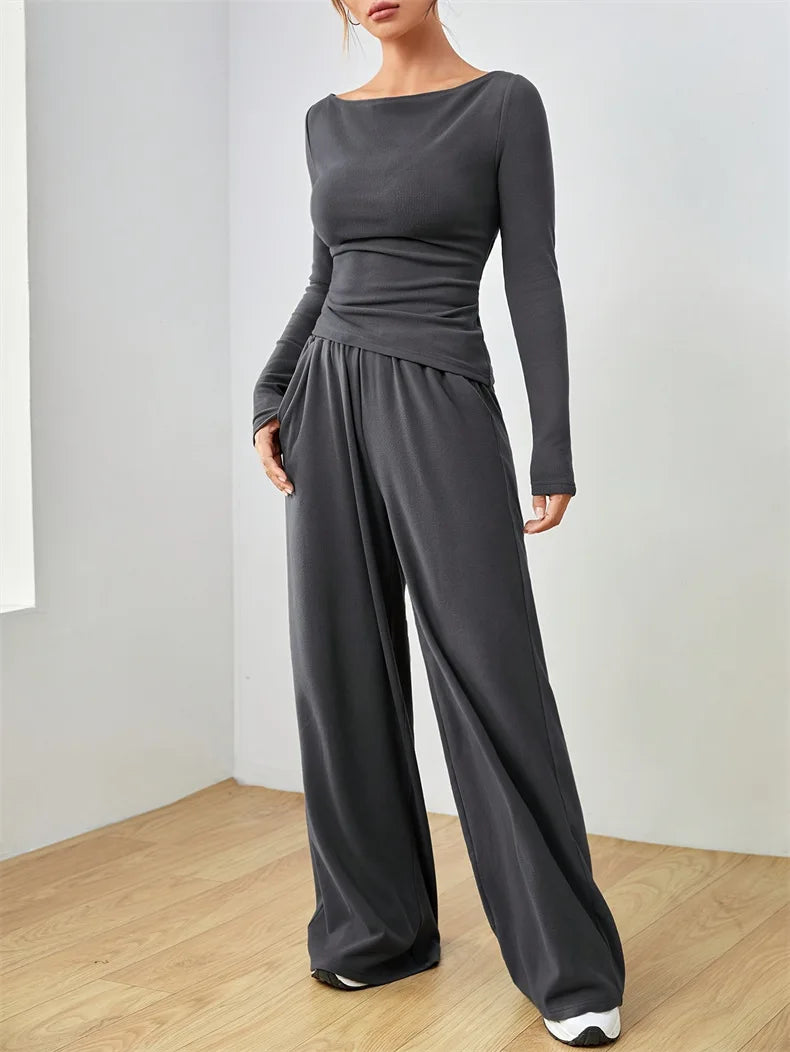 Relaxed Women's Two-Piece Wide-Leg Pant Set Soft And Comfortable Style.