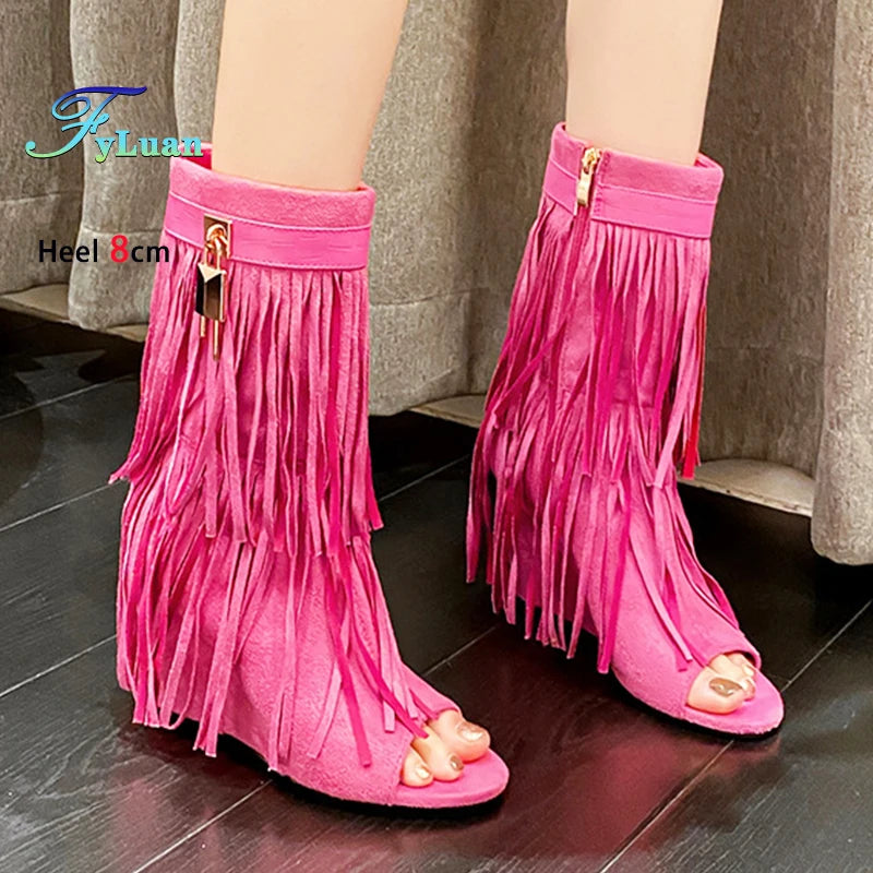 Retro Style Suede Short Boots Woman Peep Toe Tassel Shoe/ Boots 8CM Wedge