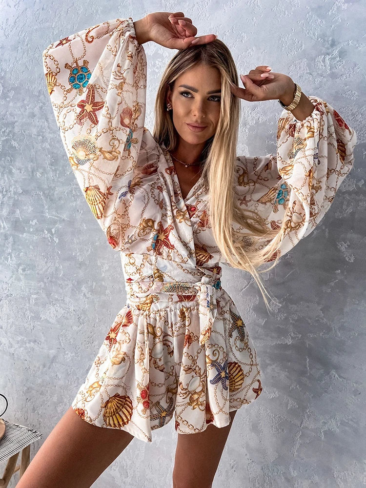 Sexy Deep V Neck Jumpsuit For Women Summer Casual Boho Outfit With Lantern Sleeve.