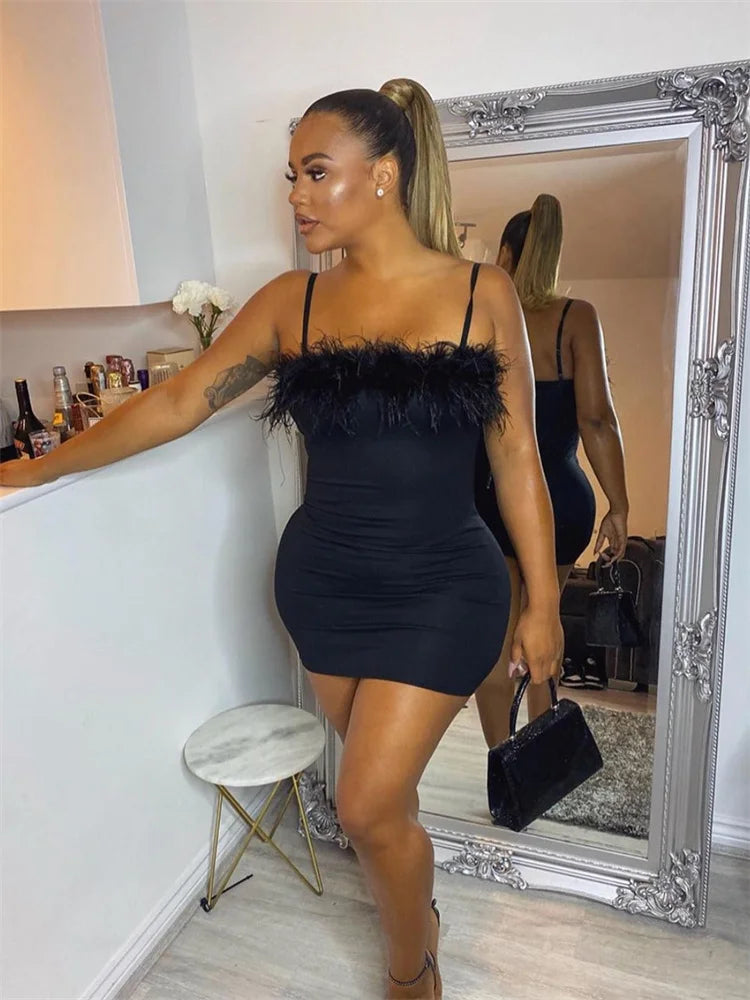 Plus Size Dress Sleeveless Sexy Black Stretch Feather Dress .