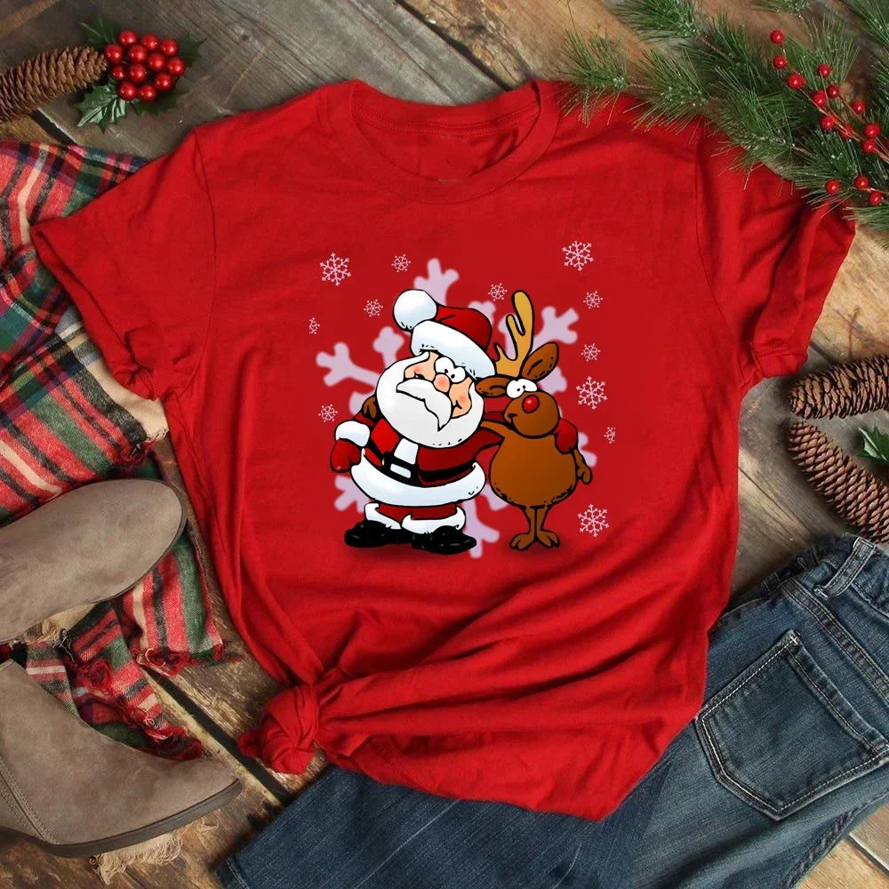 Women's Kawaii Christmas Top - Santa Claus & Deer O-Neck Y2K T-Shirt.  S-3X