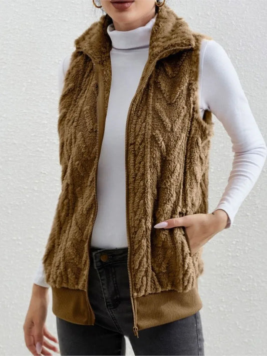 Fashion Plush Cardigan Vest For Women Casual Zipper Lapel Pocket Solid Color Warm Women's Vest 2025.  S-3X