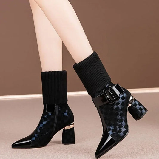 New Style Thick Heel Stretch Fabric Pointed Toe Zipper Fashion Boots