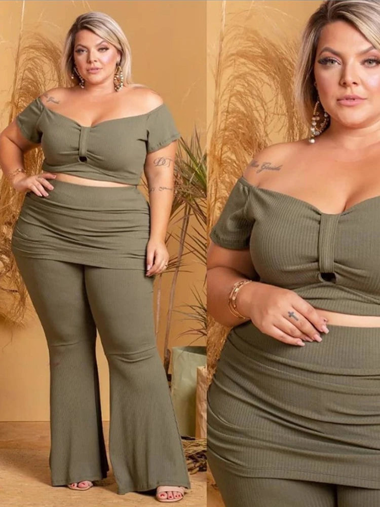 Curvy Flattering Woman's Summer Off Shoulder Top and Pants Sexy Two Piece Set Plus Size.