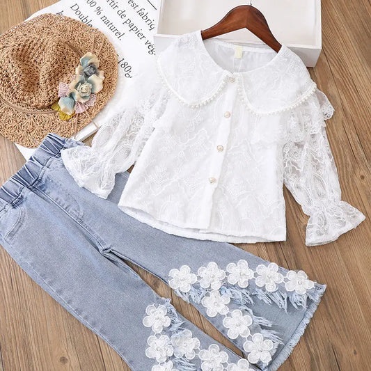 Girls Set All Season Children's Lace Long-sleeved Shirt Two-piece Set.
