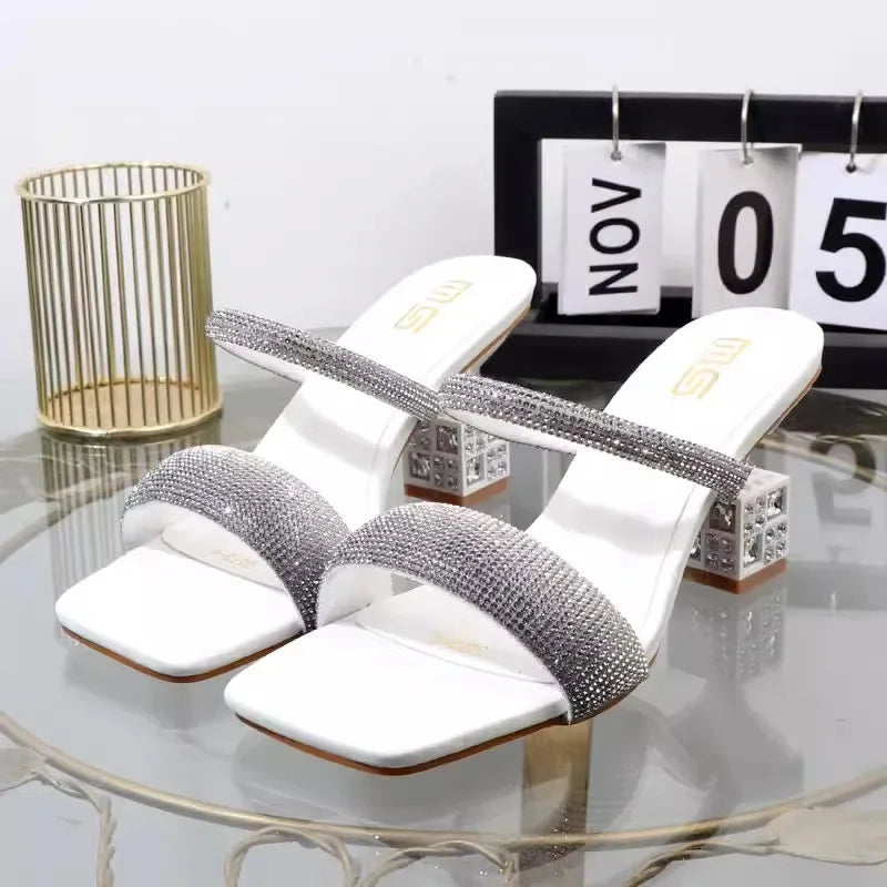 2025 Women's Heels Square Toe Rhinestone Shoes .  Zapatillas De Mujer