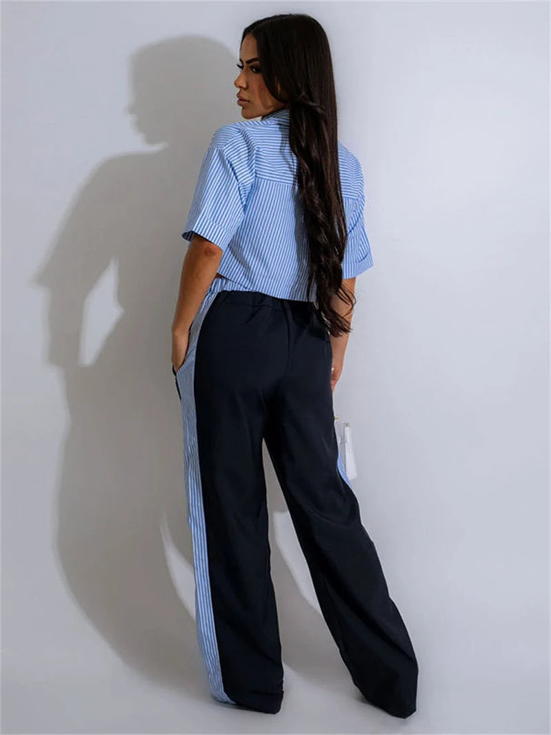 Fashion 2 Piece Women Outfit Striped Shirt Top and Pant Set Casual Sporty Suit.  S-2X