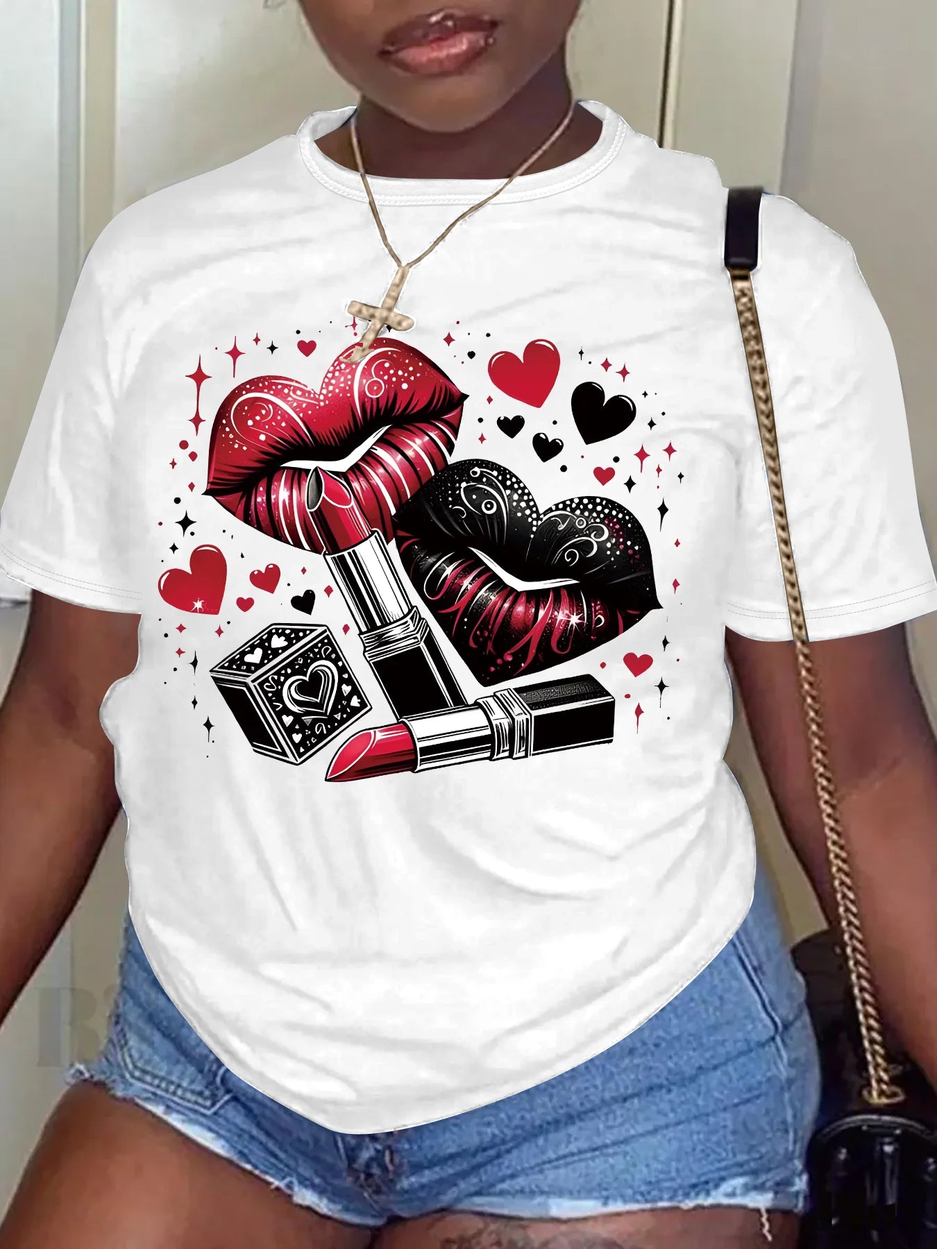 Women Plus Size Clothing Summer Round Neck Short Sleeve Printed Love Lips Lipstick Fashion Plus Size T-Shirts Y2k Top
