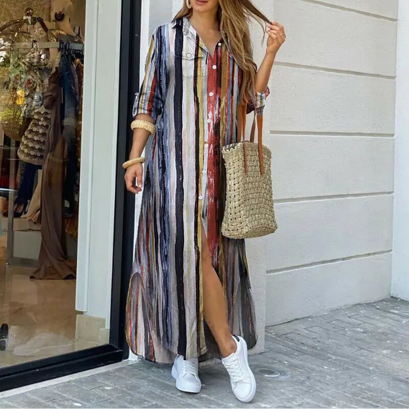 Women's Fashion Plaid Printed Polo Neck Shirt Dress Elegant Denim Long Sleeve Button Pocket Loose Long Dress.   S-3X