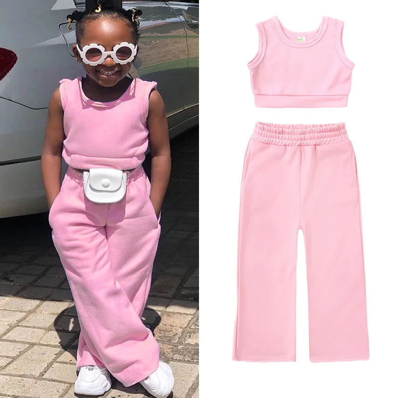 Fashion Kids Little Girls Clothing 2 Pieces Sets Cotton Solid Casual T-shirt+Elastic Waist Pants Young .