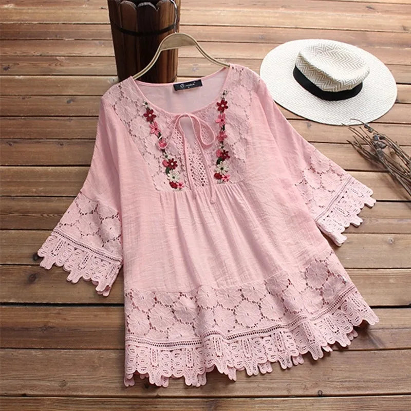 Ladies Solid Cotton And Linen Stitching Lace Flower V-neck Loose Fit Blouse.