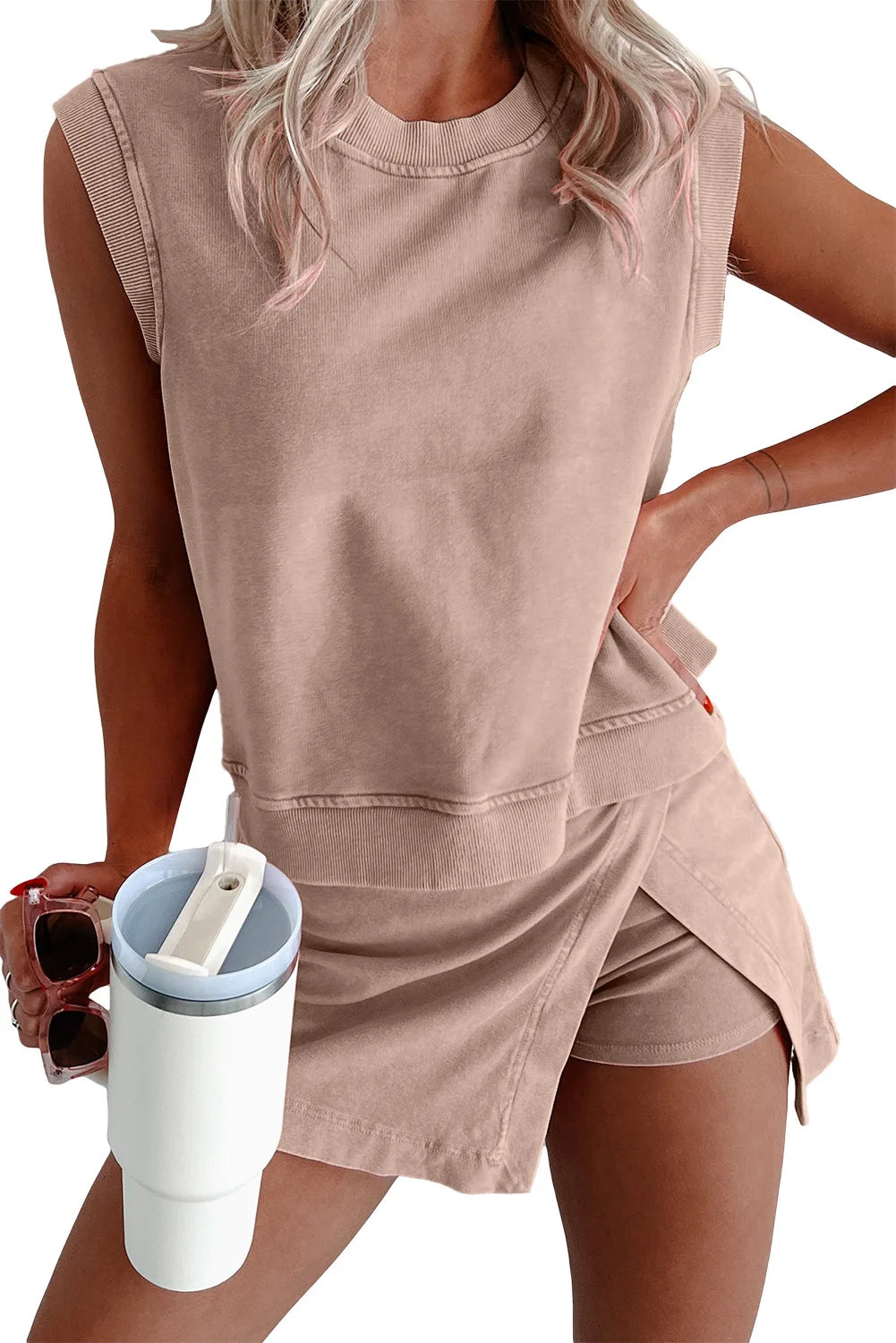 Cotton Casual Outfit Pullover Short Sleeve Top And Splicing High Waist Shorts Two Piece Set.  S-XL