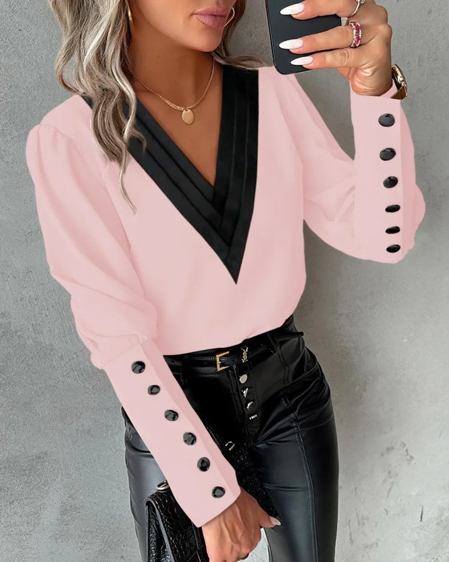 Elegant Women's 2025 New Fashion V-neck Contrasting Loose Long Sleeved Button Women's Shirt.  S-2X