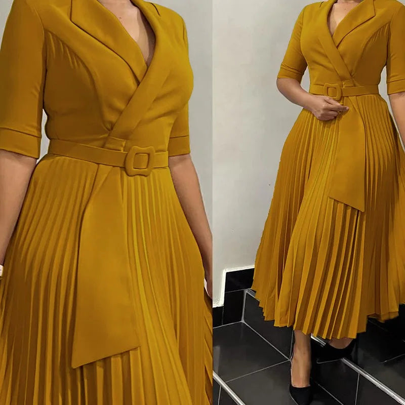 Elegant Pleated Notched Collar Half Sleeve Belt Waist Mid Calf Dress.   S-xxxL