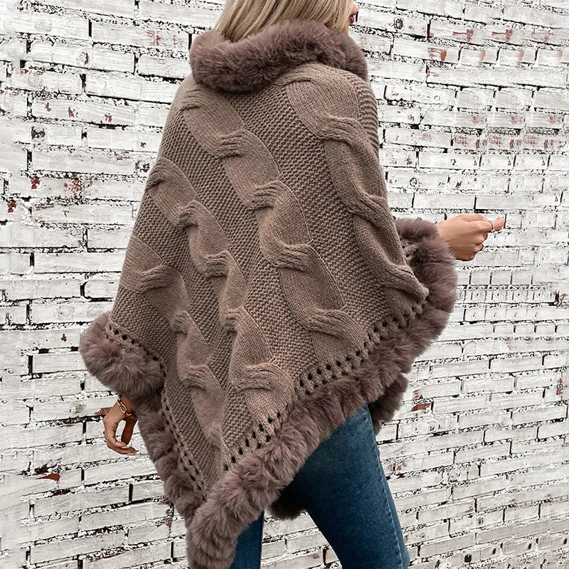 Women Sweater Pullover Fur Collar Cloak Twist Knitted Thick Elegant Splice Autumn Winter Irregularity Poncho
