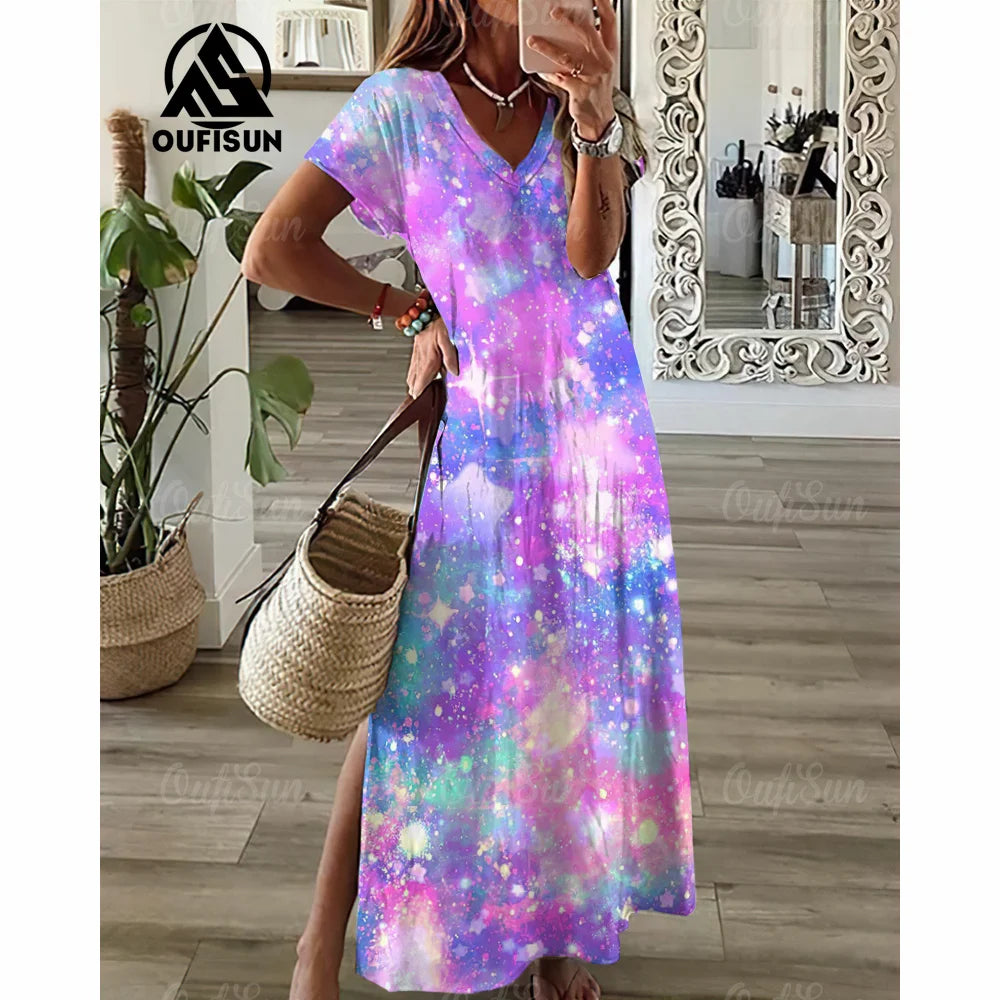 Tie-Dye Long Dress V-Neck Print Dress Loose Fit Women Dress.  S-3X