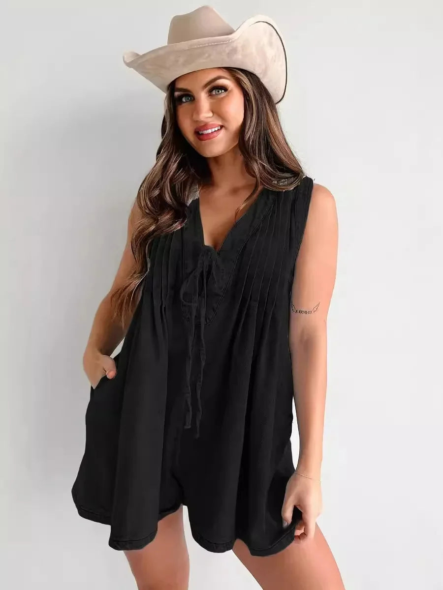 Women One Piece Denim V Neck Overalls Short Pants Casual Loose High Waist Romper 2025.  S-XL