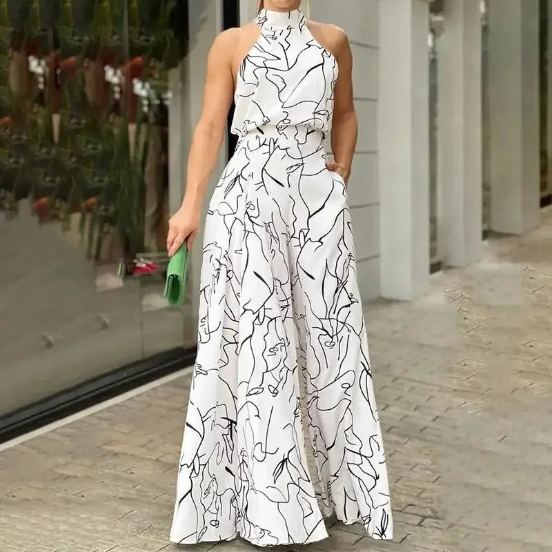 Women's Elegant Jumpsuit Wide Leg Long Pant Summer Sexy Sleeveless Women Casual Print Jumpsuit.  S-3X