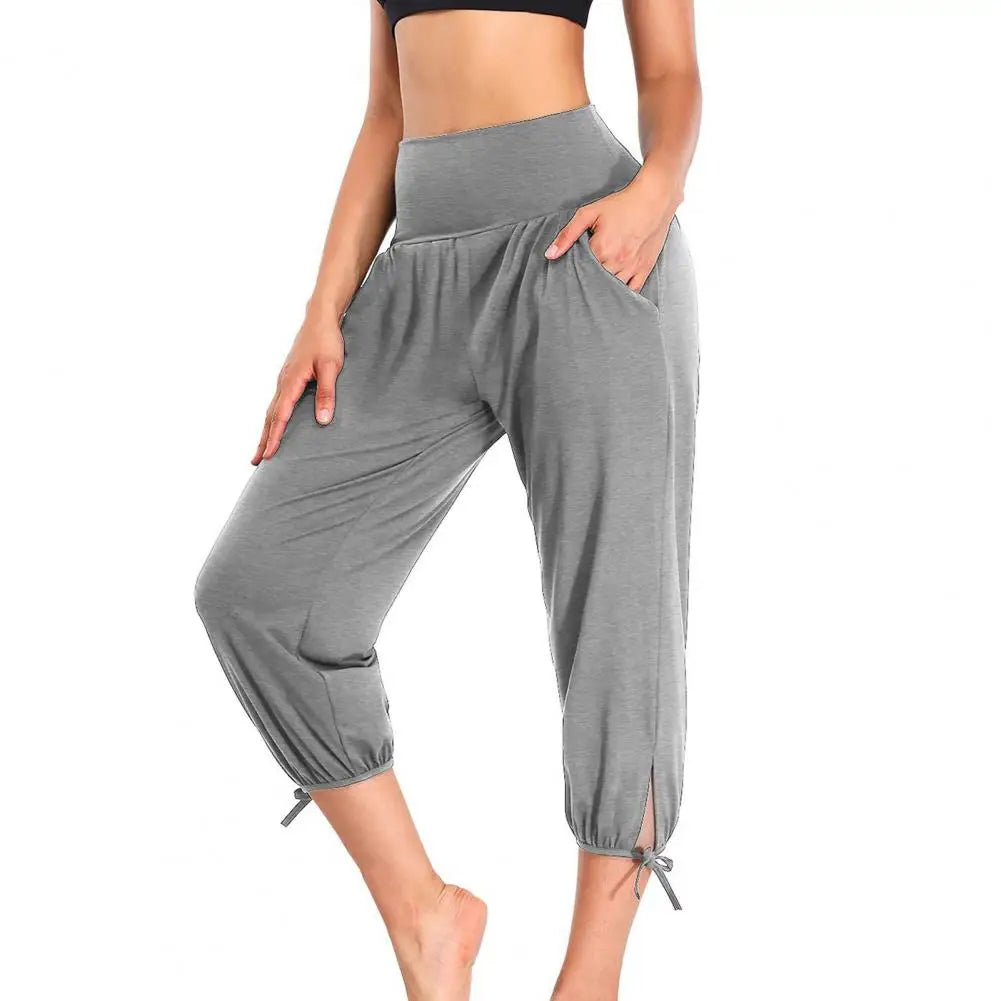 Casual High Waist Cropped Pants Stylish Women's High Waist Yoga Pants with Pockets Solid Colour.  S-3x