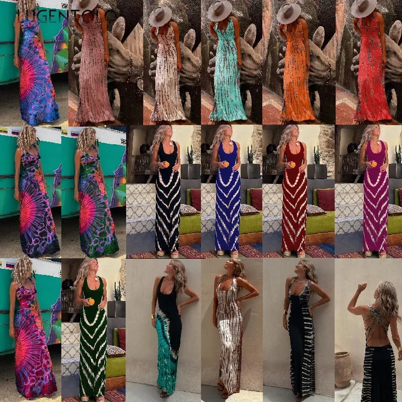 Women Sexy Print Dress Backless Cross Sleeveless Spring Summer Thin Casual Multiple Patterns Long dress.