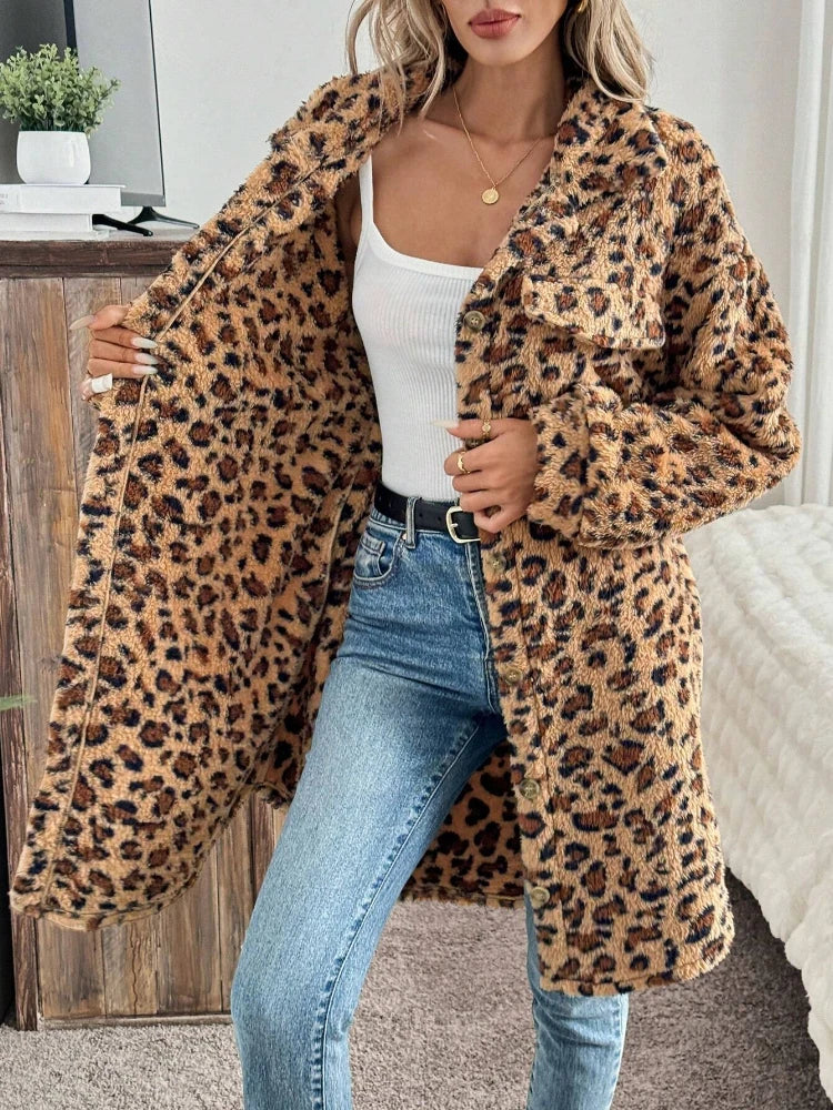 Women Mid Length Leopard Print Coat - Turn Down Collar Warm Autumn Winter S-XL