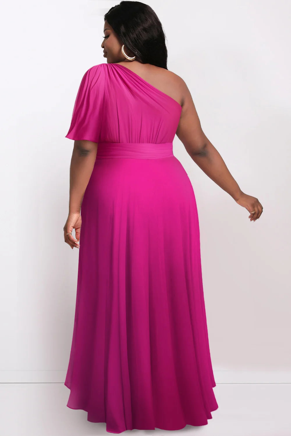 Ladies Curvy Size Formal Hot Pink Oblique Collar Short Sleeve Irregular Hem Ruffled Fold Chiffon Elegant Wedding Guest Maxi Dress.