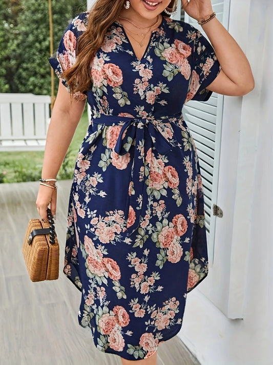 Plus Size Summer Women Elegant Dress Vintage Floral Print Casual V Neck Dress