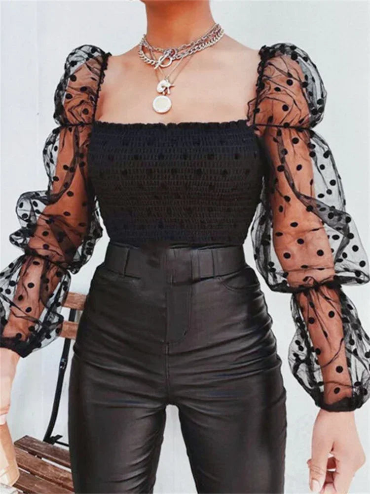 Mesh Puff Long Sleeve Square Neck Crop Top Summer Fall Sexy Blouse .