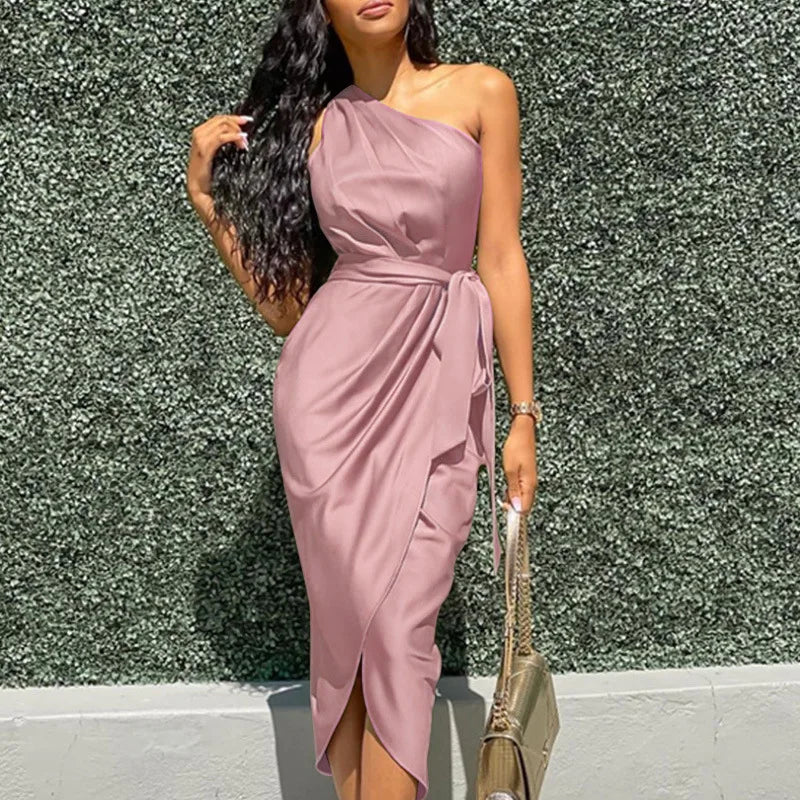 New European Style irregular diagonal shoulder belt, slim fit satin dress.  S-XXL