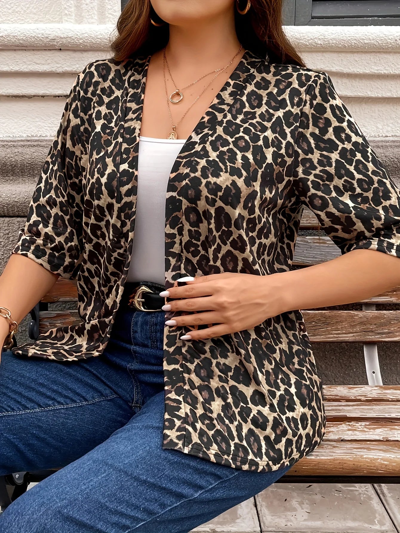 Plus Size Leopard Print Open Front 3/4 Sleeve Elegant Top All Season Wear