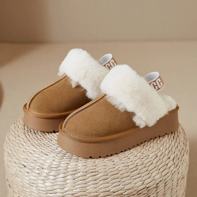 Thick Bottom Woolen Slippers Women Winter Style Genuine Leather Fleece Lined Shoe/Sandal