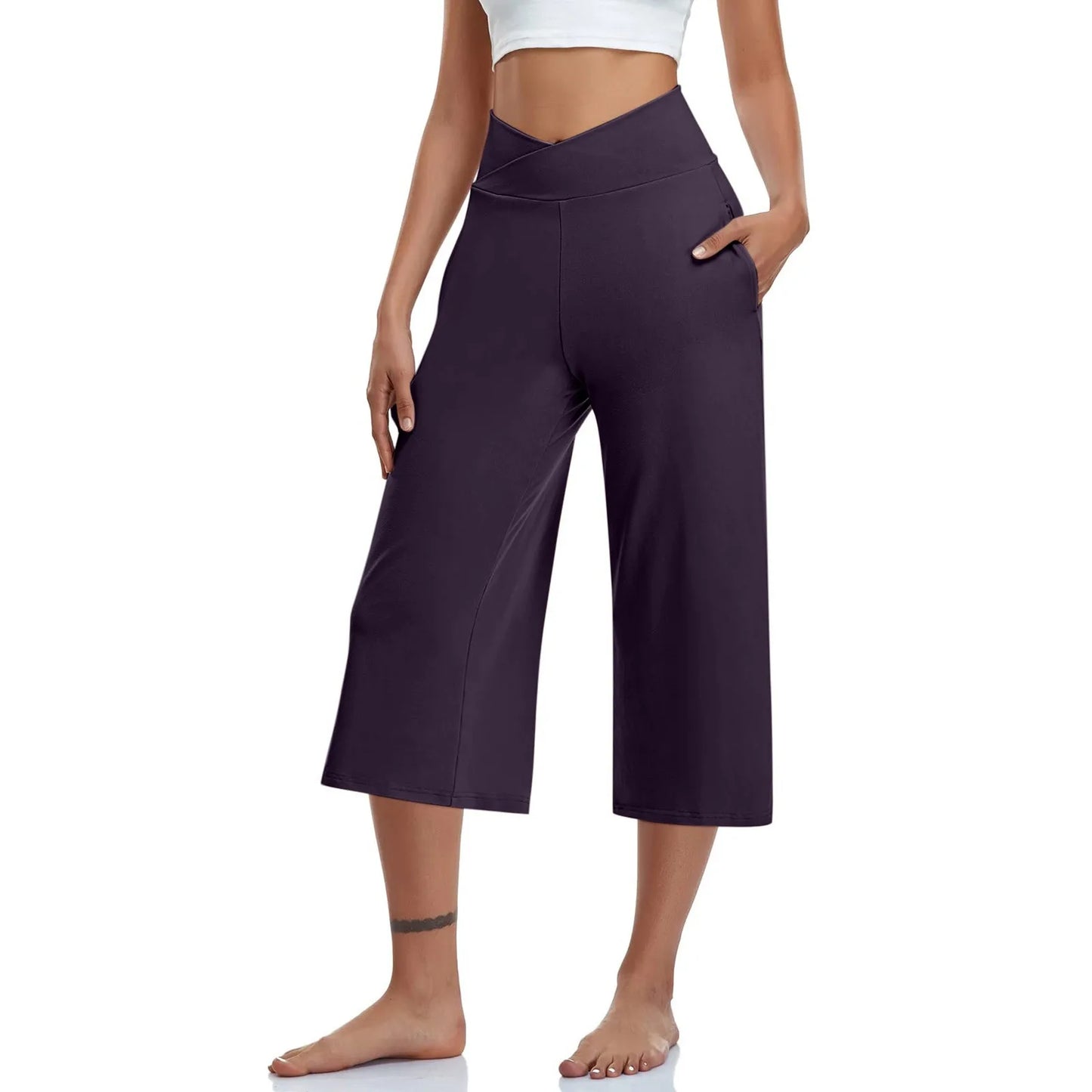 Spring and Summer Women Elastic High Waist 3/4 Pant Solid Casual Active Fit Wide Capri Leg Trousers With Pockets.  S-3X
