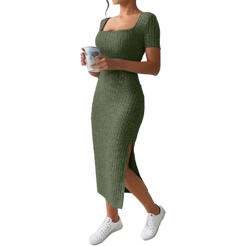 Ladies Square Neck, Hip-Hugging Mid-Length Dress Short-Sleeved, Versatile Knitted Slit Dress